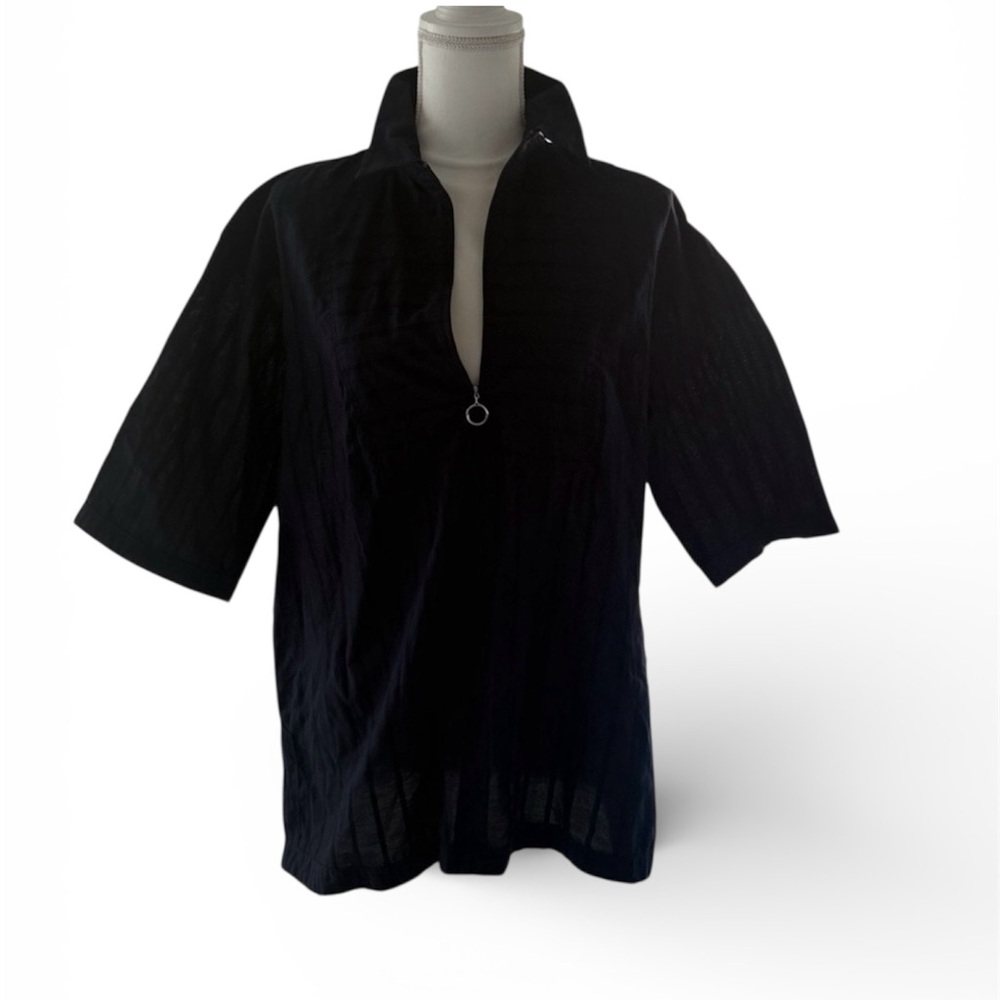 Per Se by Carlisle navy cotton hi neck top with silver ring zipper minimalist
